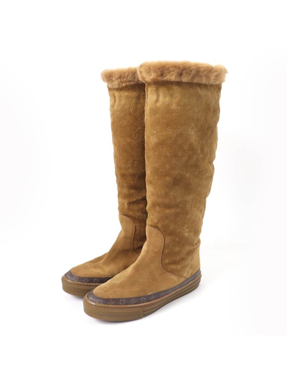 Louis Vuitton Snowball Line Monogram Shearling Suede Leather Long Boots Brown